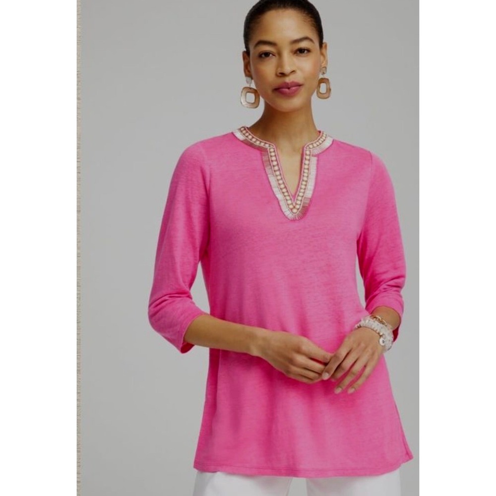 Chicos Pink Linen Embellished Tunic Top Size XL 3 Beaded V Neck Resort Wear Boho